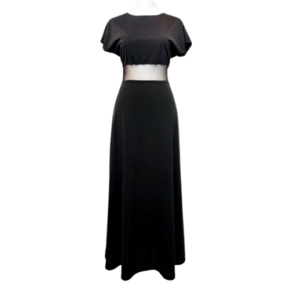Vintage 90s Y2K Allen Schwartz Black Sheer Maxi Short Sleeve Evening Dress Small